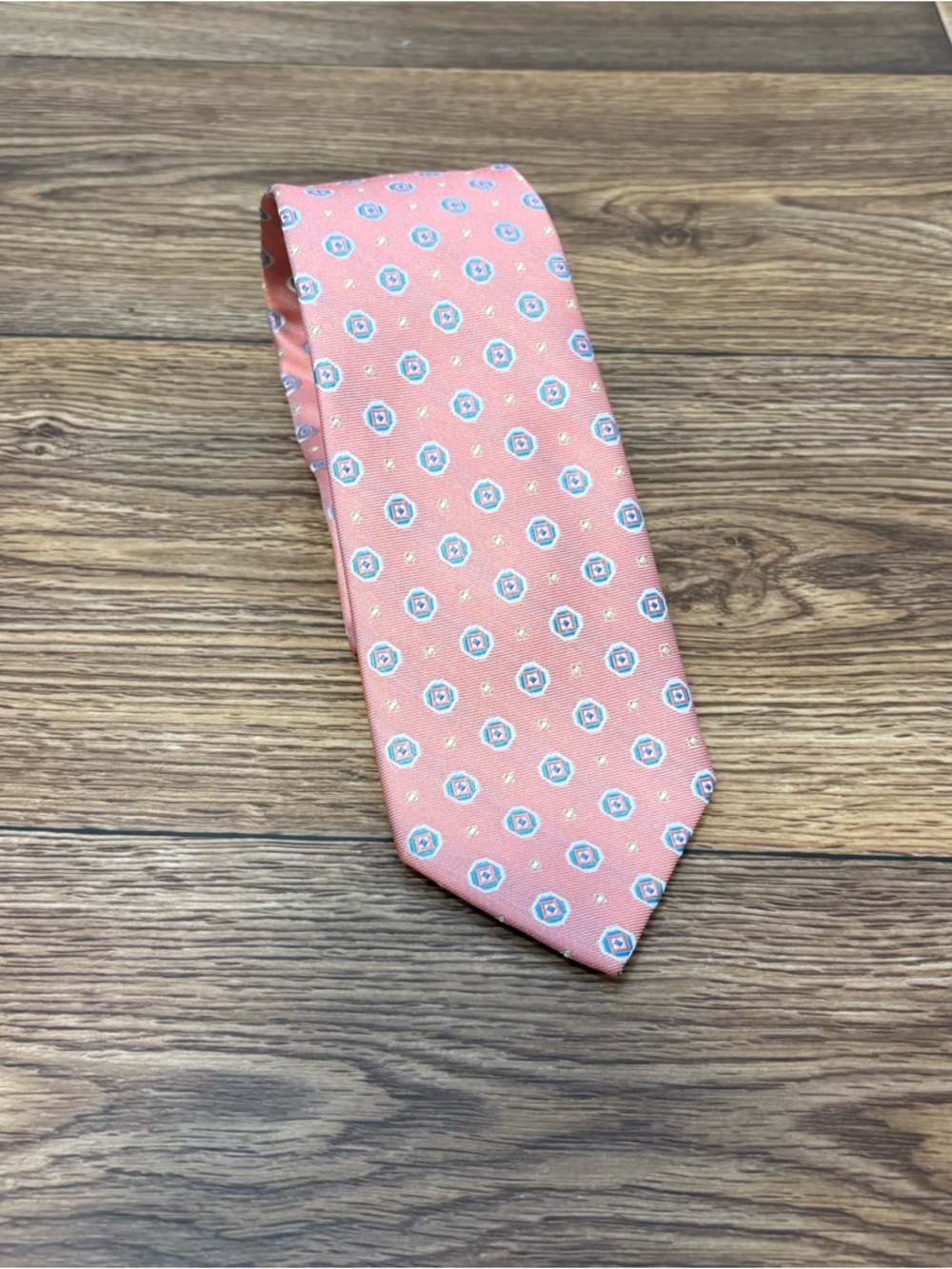Vintage 90s Pink Salmon Geometric Medallion Silk Blend Tie Preppy Retro